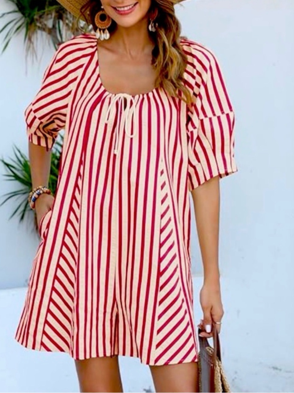 Amazon NWT Oversized pink and white romper with puff sleeves